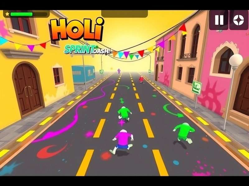 Colorful gameplay of Holi Sprint Dash Holi Sprint Dash game screenshot showing colorful streets and running characters